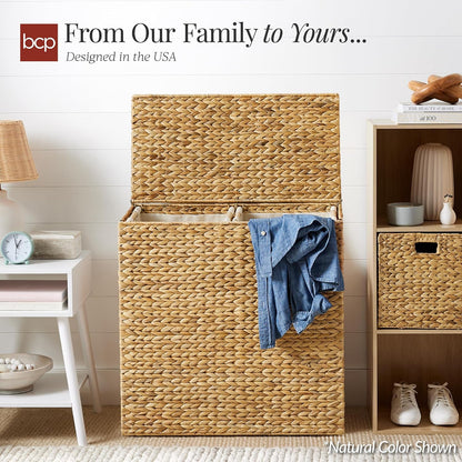 Large Laundry Hamper with Lid, Natural Handwoven Hyacinth Laundry Basket, W/Removeable & Washable Liner Bag, Portable, Handles, 30 Gallon (114 liters) - Natural
