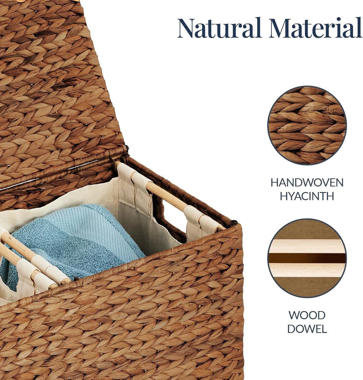 Large Laundry Hamper with Lid, Natural Handwoven Hyacinth Laundry Basket, W/Removeable & Washable Liner Bag, Portable, Handles, 30 Gallon (114 liters) - Natural