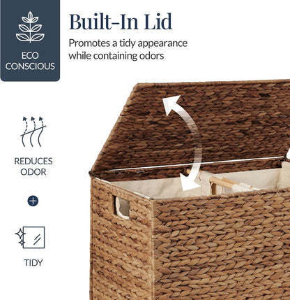 Large Laundry Hamper with Lid, Natural Handwoven Hyacinth Laundry Basket, W/Removeable & Washable Liner Bag, Portable, Handles, 30 Gallon (114 liters) - Natural