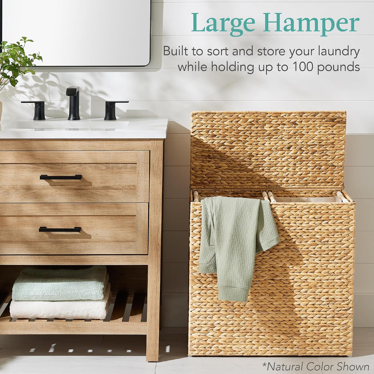 Large Laundry Hamper with Lid, Natural Handwoven Hyacinth Laundry Basket, W/Removeable & Washable Liner Bag, Portable, Handles, 30 Gallon (114 liters) - Natural