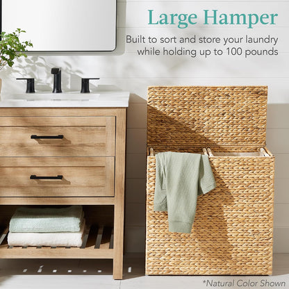 Large Laundry Hamper with Lid, Natural Handwoven Hyacinth Laundry Basket, W/Removeable & Washable Liner Bag, Portable, Handles, 30 Gallon (114 liters) - Natural