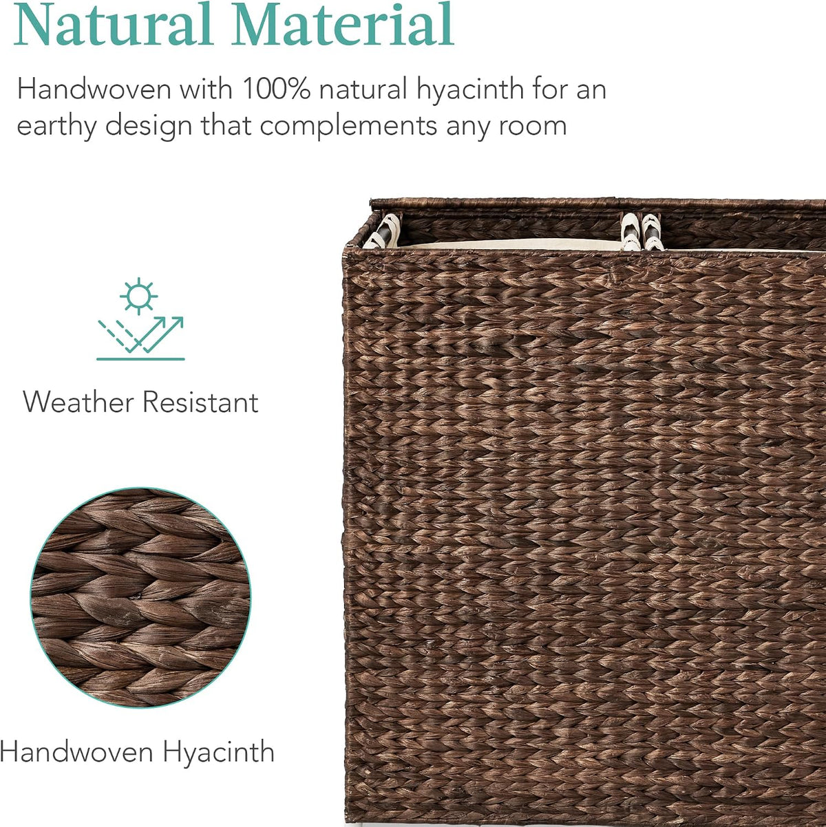 Large Laundry Hamper with Lid, Natural Handwoven Hyacinth Laundry Basket, W/Removeable & Washable Liner Bag, Portable, Handles, 30 Gallon (114 liters) - Natural
