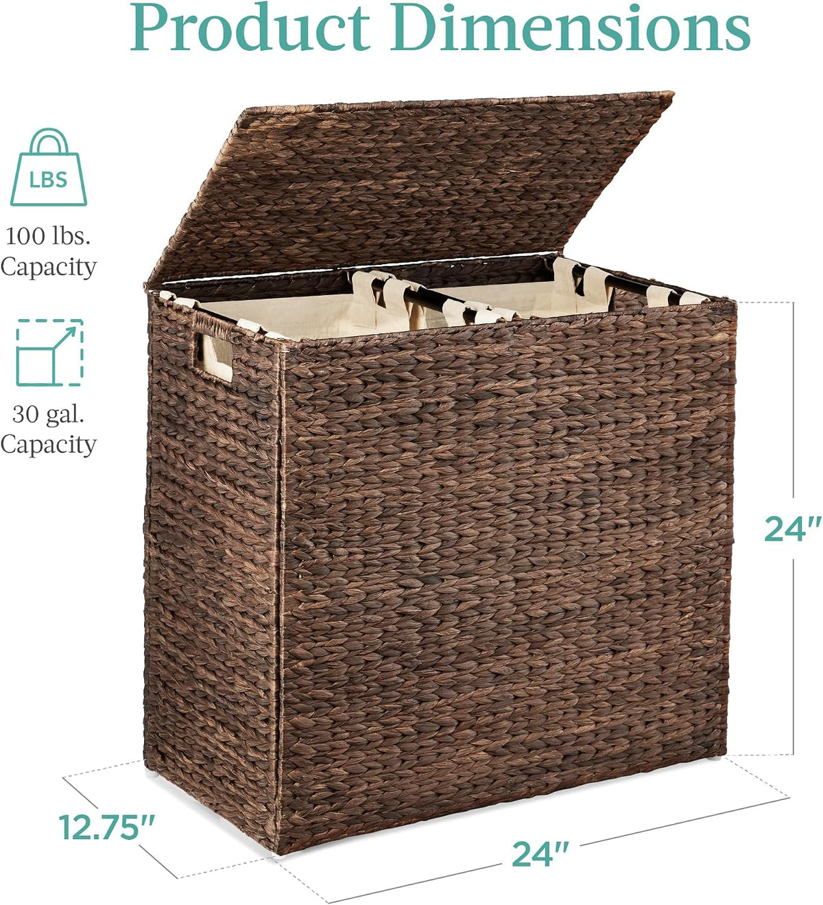 Large Laundry Hamper with Lid, Natural Handwoven Hyacinth Laundry Basket, W/Removeable & Washable Liner Bag, Portable, Handles, 30 Gallon (114 liters) - Natural