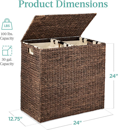 Large Laundry Hamper with Lid, Natural Handwoven Hyacinth Laundry Basket, W/Removeable & Washable Liner Bag, Portable, Handles, 30 Gallon (114 liters) - Natural
