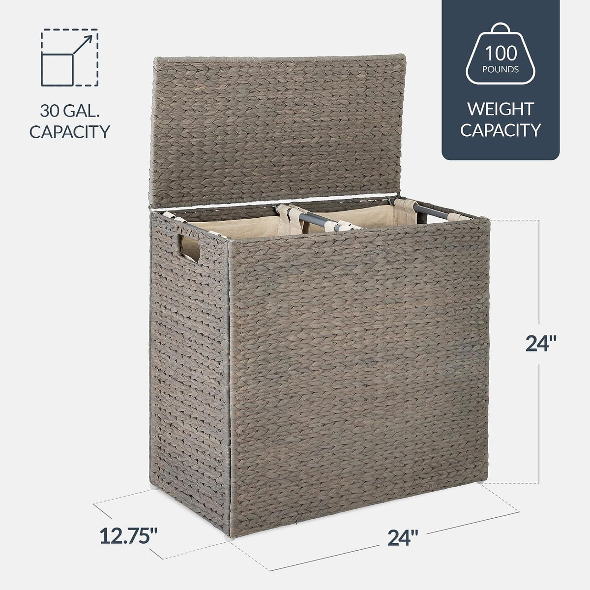 Large Laundry Hamper with Lid, Natural Handwoven Hyacinth Laundry Basket, W/Removeable & Washable Liner Bag, Portable, Handles, 30 Gallon (114 liters) - Natural
