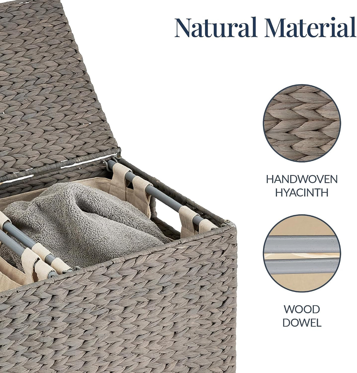 Large Laundry Hamper with Lid, Natural Handwoven Hyacinth Laundry Basket, W/Removeable & Washable Liner Bag, Portable, Handles, 30 Gallon (114 liters) - Natural