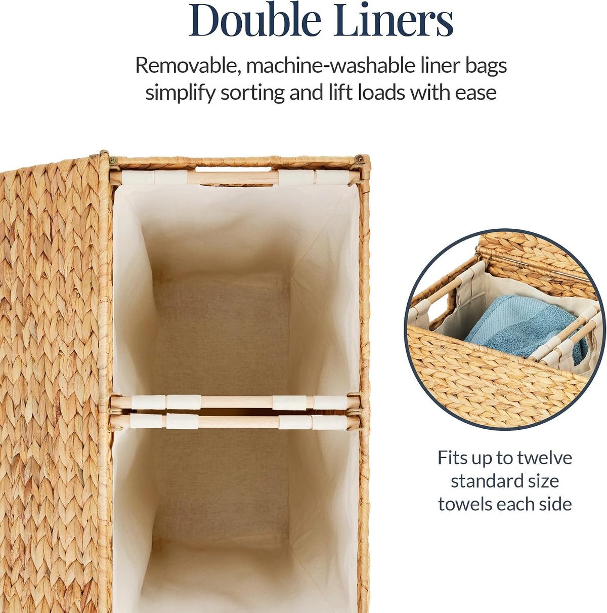 Large Laundry Hamper with Lid, Natural Handwoven Hyacinth Laundry Basket, W/Removeable & Washable Liner Bag, Portable, Handles, 30 Gallon (114 liters) - Natural