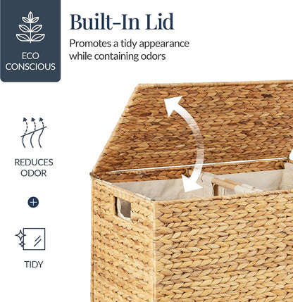 Large Laundry Hamper with Lid, Natural Handwoven Hyacinth Laundry Basket, W/Removeable & Washable Liner Bag, Portable, Handles, 30 Gallon (114 liters) - Natural