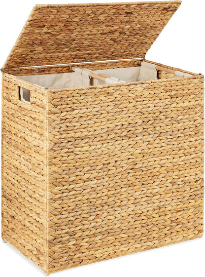 Large Laundry Hamper with Lid, Natural Handwoven Hyacinth Laundry Basket, W/Removeable & Washable Liner Bag, Portable, Handles, 30 Gallon (114 liters) - Natural