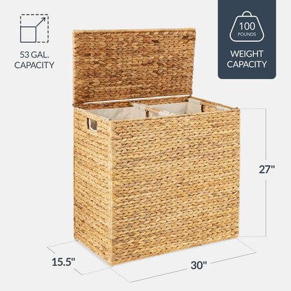 Large Laundry Hamper with Lid, Natural Handwoven Hyacinth Laundry Basket, W/Removeable & Washable Liner Bag, Portable, Handles, 30 Gallon (114 liters) - Natural