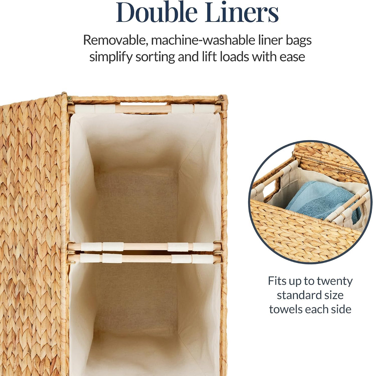 Large Laundry Hamper with Lid, Natural Handwoven Hyacinth Laundry Basket, W/Removeable & Washable Liner Bag, Portable, Handles, 30 Gallon (114 liters) - Natural