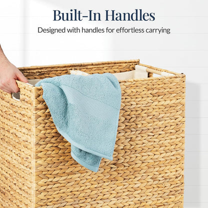 Large Laundry Hamper with Lid, Natural Handwoven Hyacinth Laundry Basket, W/Removeable & Washable Liner Bag, Portable, Handles, 30 Gallon (114 liters) - Natural