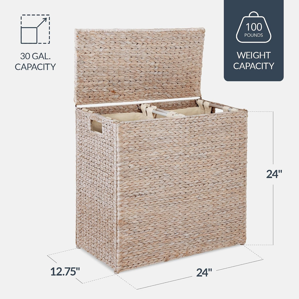 Large Laundry Hamper with Lid, Natural Handwoven Hyacinth Laundry Basket, W/Removeable & Washable Liner Bag, Portable, Handles, 30 Gallon (114 liters) - Natural