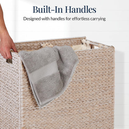 Large Laundry Hamper with Lid, Natural Handwoven Hyacinth Laundry Basket, W/Removeable & Washable Liner Bag, Portable, Handles, 30 Gallon (114 liters) - Natural