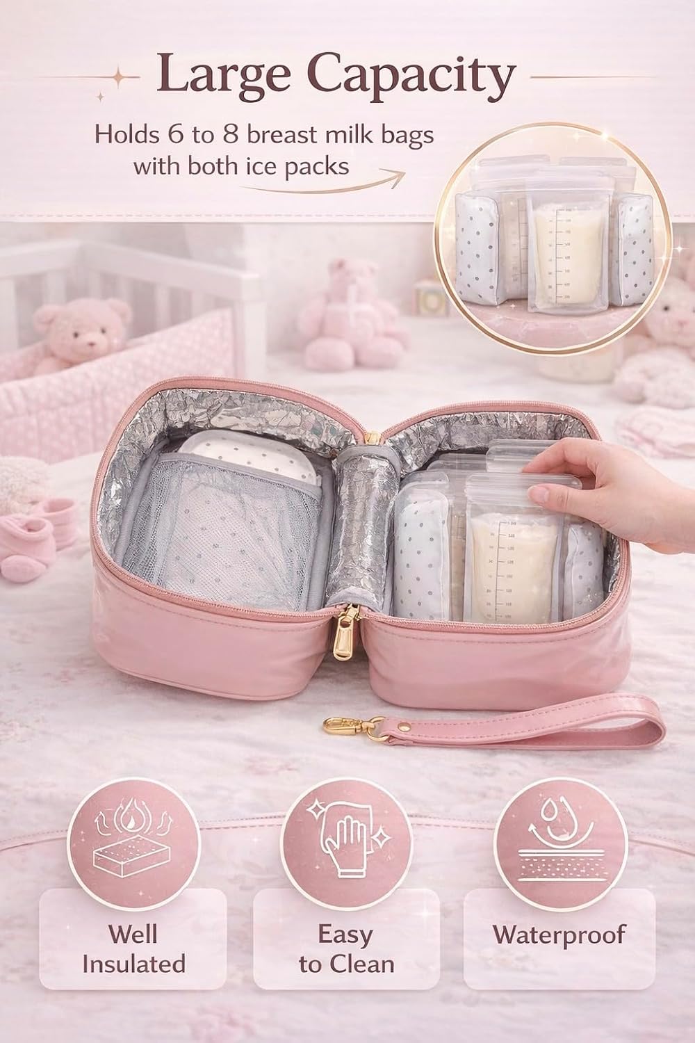 Breast Milk Cooler Bag for Working Moms, Insulated Travel Bag with 2 Ice Packs, Leakproof Breastmilk Storage for Pumping & Travel