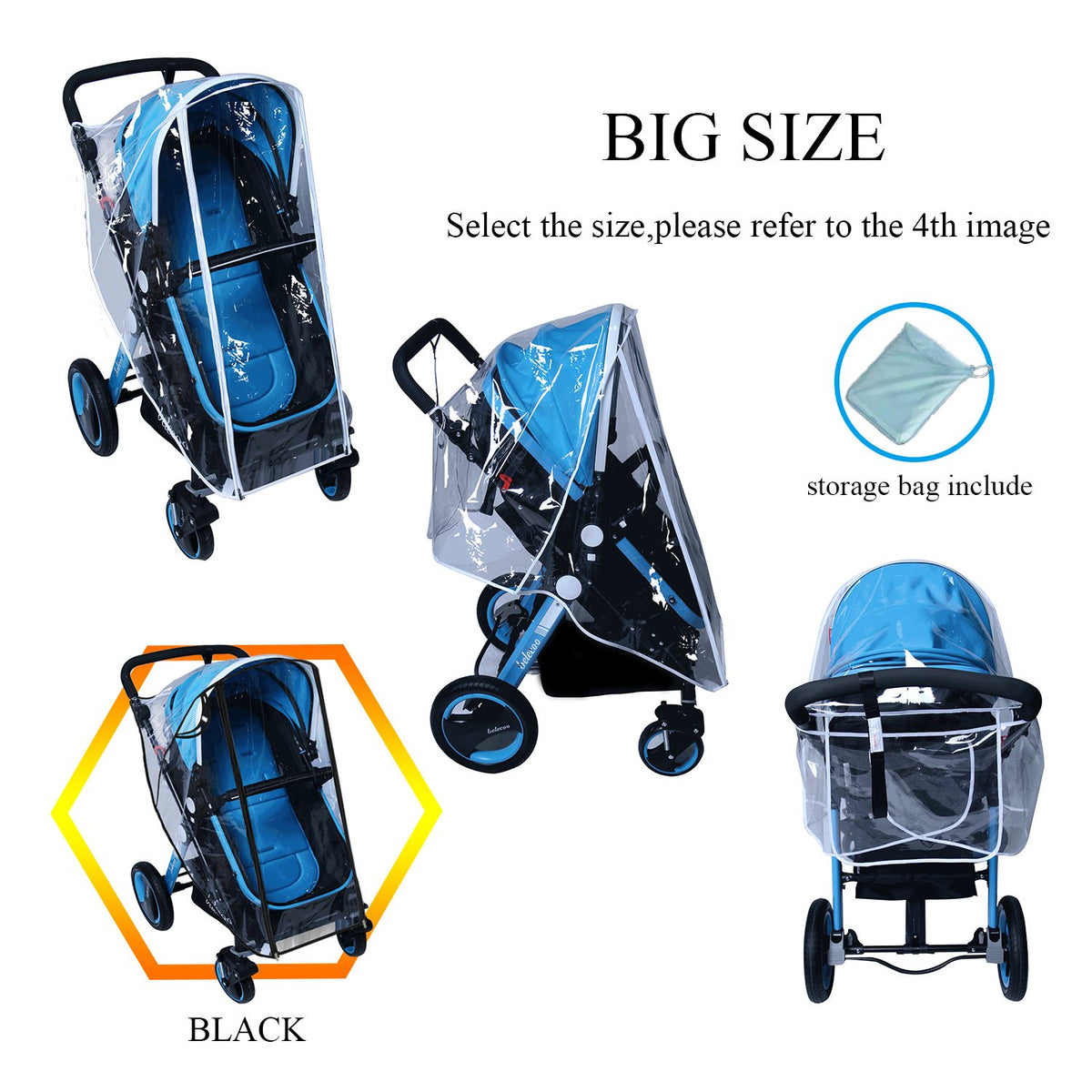 Baby Stroller Rain Cover Umbrella Weather Shield Accessories Universal Size Protect from Rain Wind Snow Dust Water Proof Ventilate Clear Food Grade Materia EVA Plastic Zipper Black (Small)