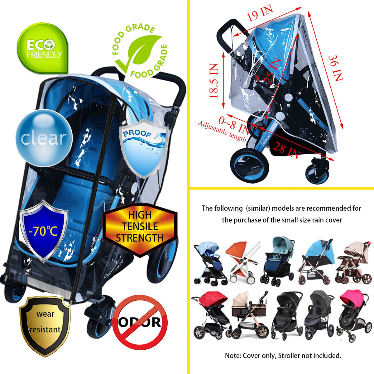 Baby Stroller Rain Cover Umbrella Weather Shield Accessories Universal Size Protect from Rain Wind Snow Dust Water Proof Ventilate Clear Food Grade Materia EVA Plastic Zipper Black (Small)