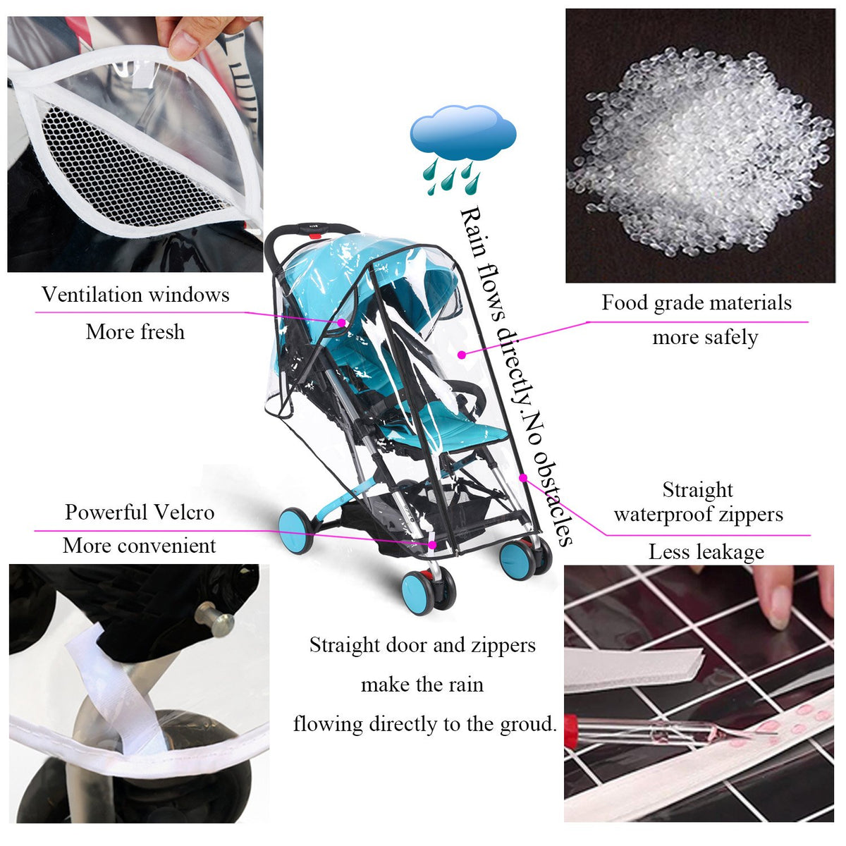 Baby Stroller Rain Cover Umbrella Weather Shield Accessories Universal Size Protect from Rain Wind Snow Dust Water Proof Ventilate Clear Food Grade Materia EVA Plastic Zipper Black (Small)