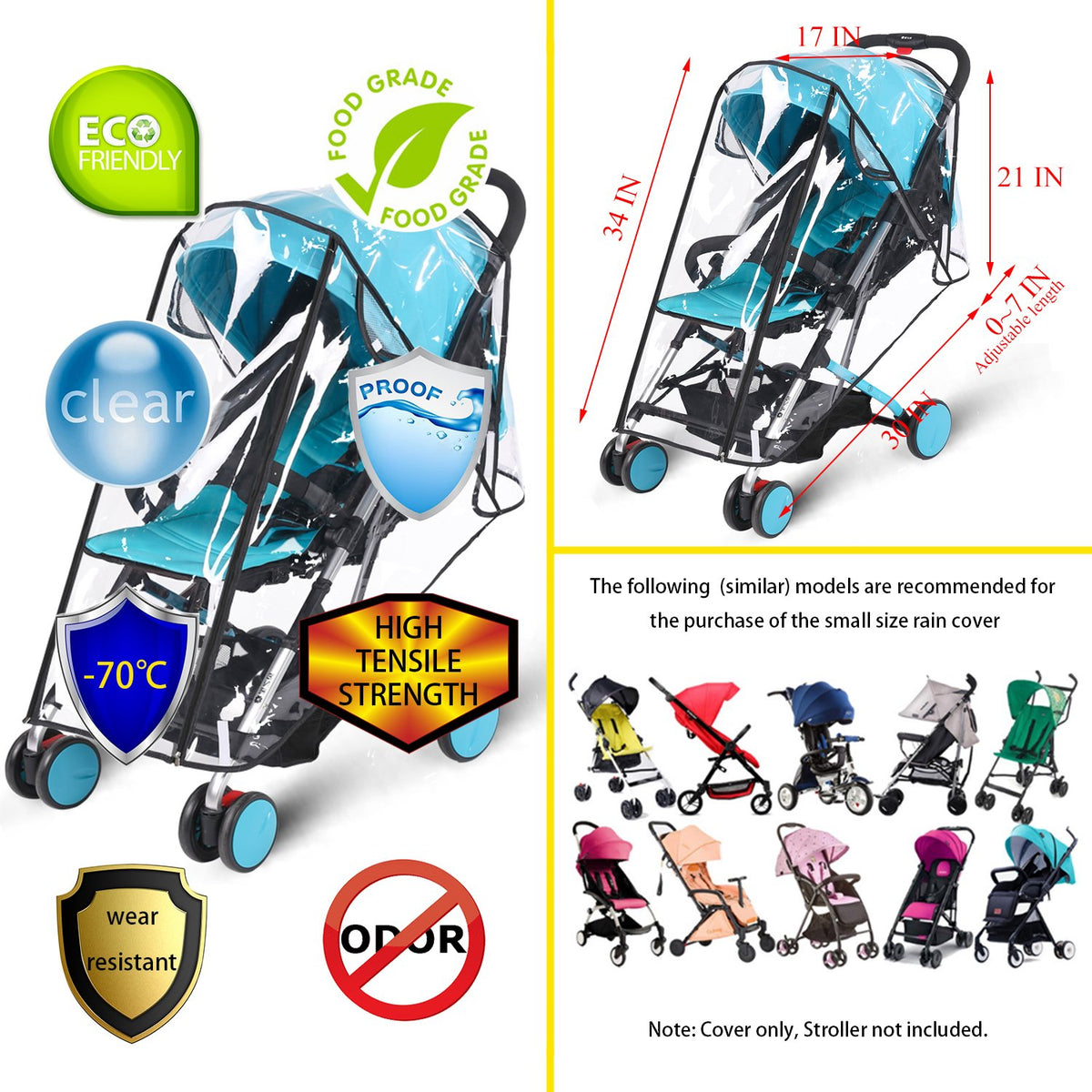 Baby Stroller Rain Cover Umbrella Weather Shield Accessories Universal Size Protect from Rain Wind Snow Dust Water Proof Ventilate Clear Food Grade Materia EVA Plastic Zipper Black (Small)