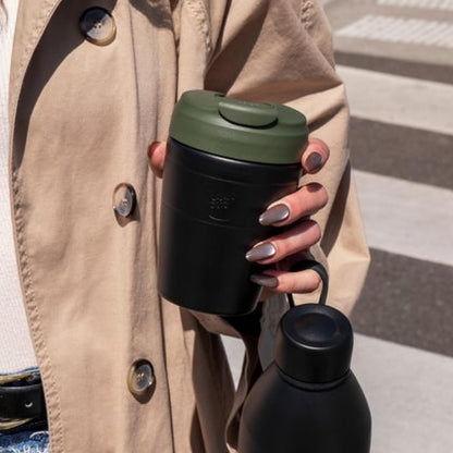 Commuter Travel Mug - Insulated Stainless Steel Reusable Coffee Cup with Spillproof Flip Lid - 12oz/340ml - Black