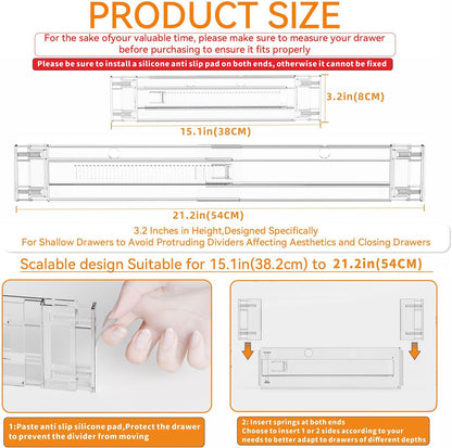 4 Pack 3.2 Inch Shallow Acrylic Drawer Dividers for Clothes,Expandable Deep Dresser Dividers From 15 to 21'',Adjustable Drawer Separators for Dresser,Nursery and Baby Clothing,Sock,Underwear
