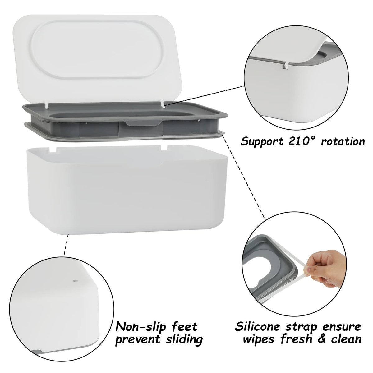 Wipes Dispenser, Wipe Holder for Baby & Adult, Refillable Baby Wipe Container, Keeps Wipes Clean. Non-Slip, Easy Pull Wipes Pouch Case, Grey