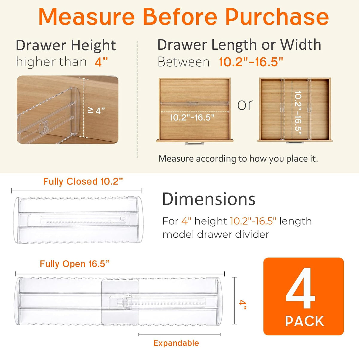 8 Pack 4" High Drawer Dividers for Clothes, 10.2"-16.5" Expandable