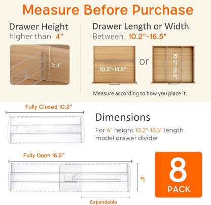 8 Pack 4" High Drawer Dividers for Clothes, 10.2"-16.5" Expandable