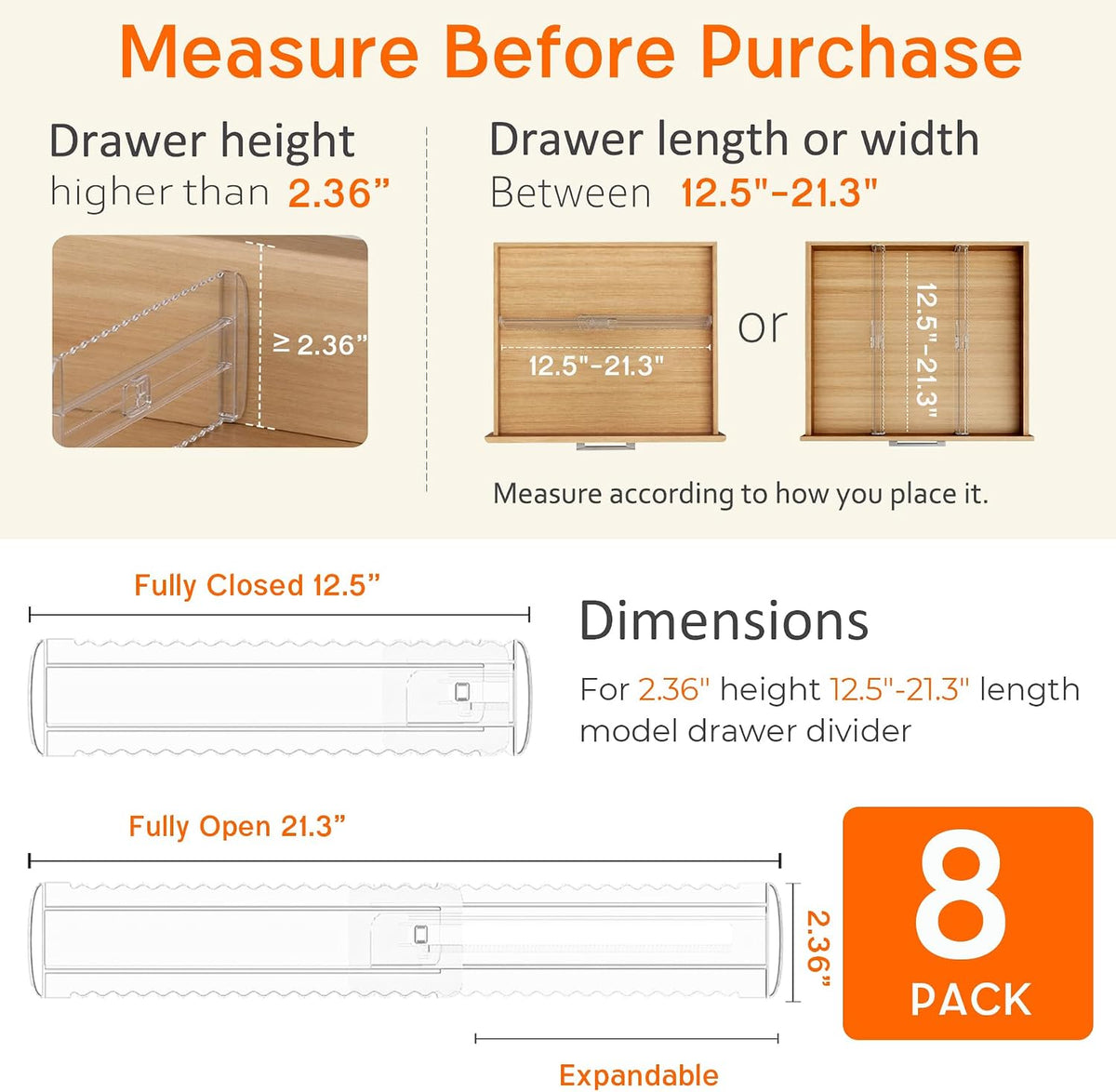 8 Pack 4" High Drawer Dividers for Clothes, 10.2"-16.5" Expandable