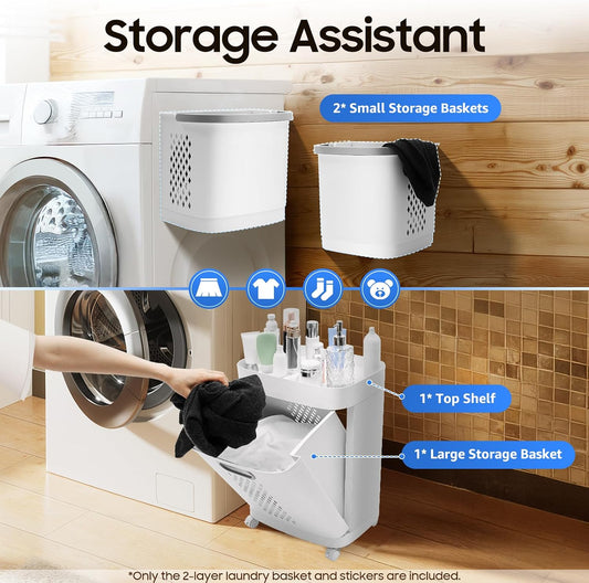 2 Tier Rolling Laundry Hamper Sorter Removable Clothes Hamper Organizer with Wheels White Portable Storage Baskets for Bedroom Laundry Room Bathroom