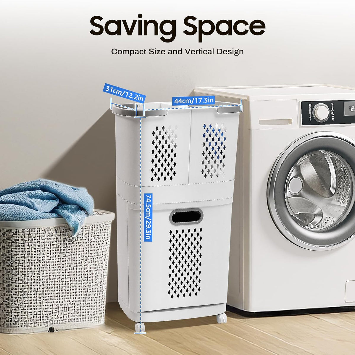2 Tier Rolling Laundry Hamper Sorter Removable Clothes Hamper Organizer with Wheels White Portable Storage Baskets for Bedroom Laundry Room Bathroom