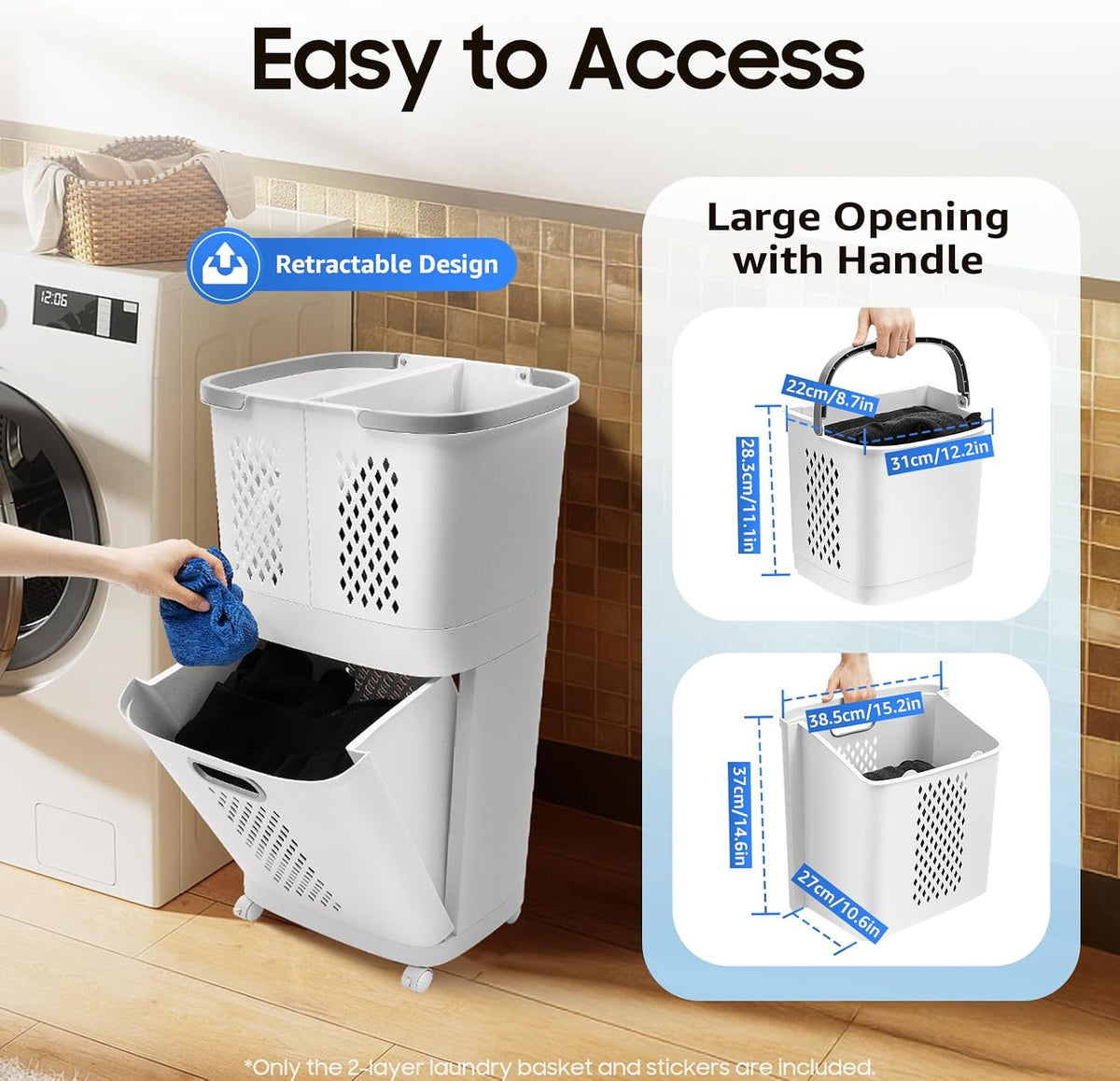 2 Tier Rolling Laundry Hamper Sorter Removable Clothes Hamper Organizer with Wheels White Portable Storage Baskets for Bedroom Laundry Room Bathroom