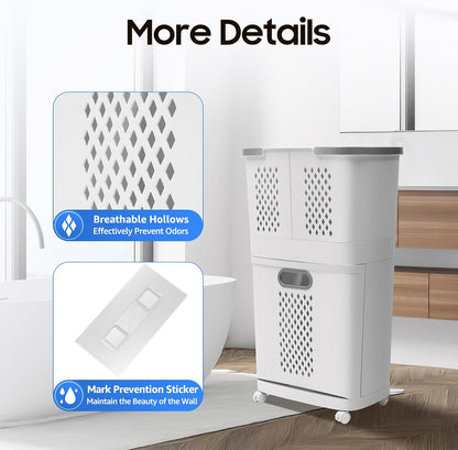 2 Tier Rolling Laundry Hamper Sorter Removable Clothes Hamper Organizer with Wheels White Portable Storage Baskets for Bedroom Laundry Room Bathroom