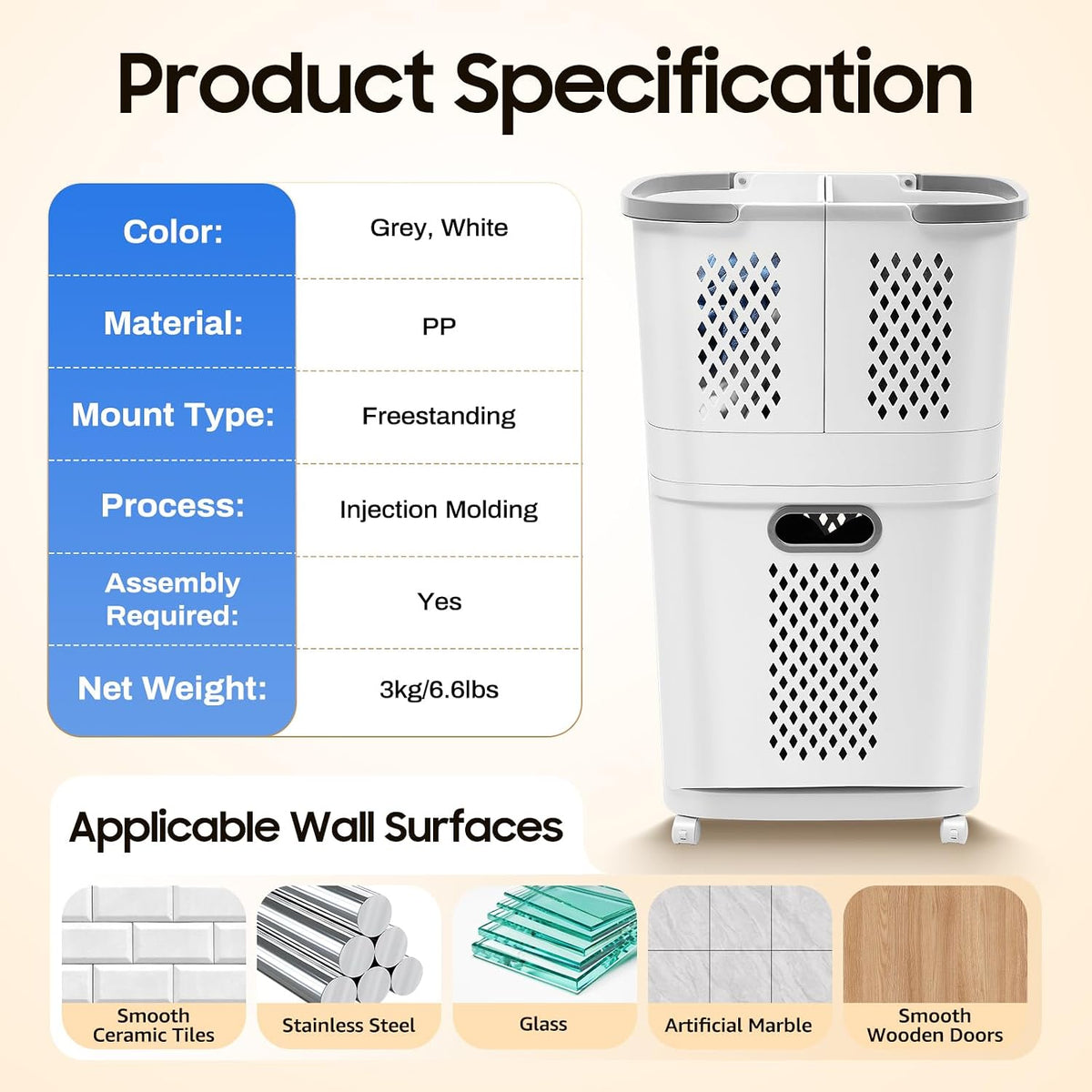 2 Tier Rolling Laundry Hamper Sorter Removable Clothes Hamper Organizer with Wheels White Portable Storage Baskets for Bedroom Laundry Room Bathroom