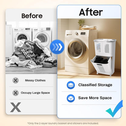 2 Tier Rolling Laundry Hamper Sorter Removable Clothes Hamper Organizer with Wheels White Portable Storage Baskets for Bedroom Laundry Room Bathroom