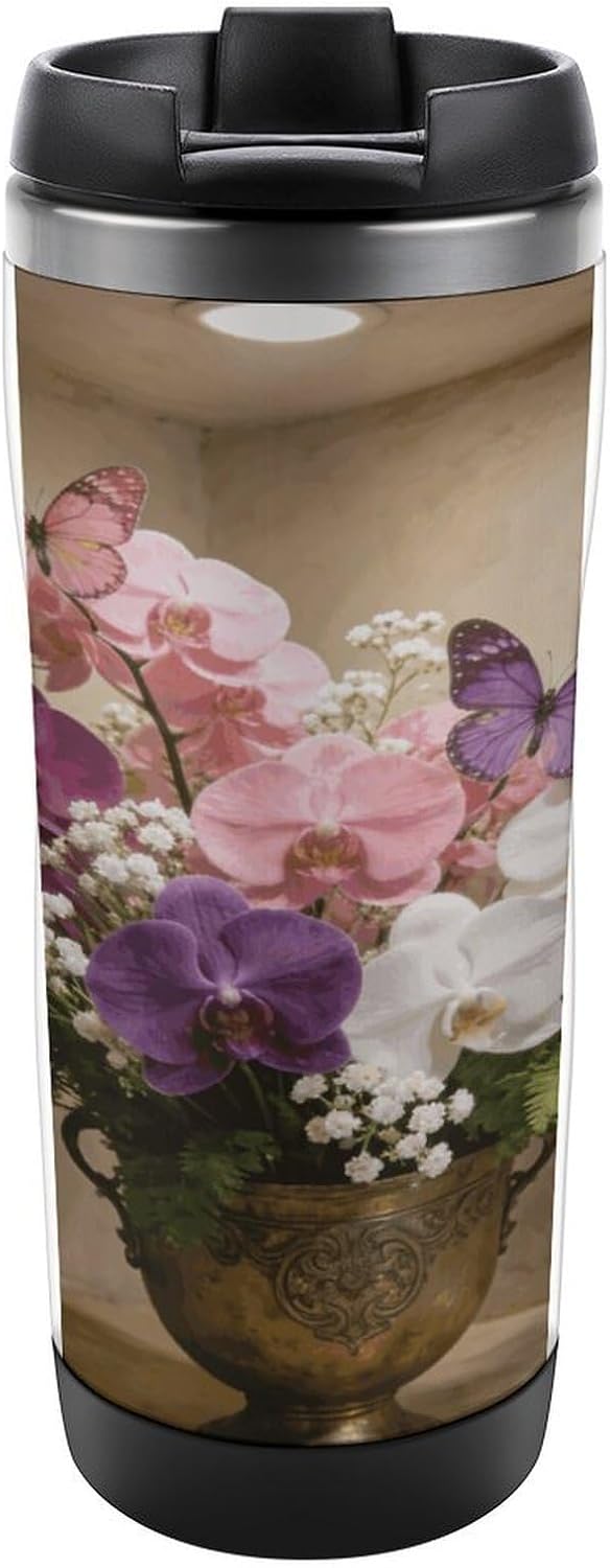 13oz Insulated Travel Coffee Mug Reusable Coffee Cup Water Bottle | Aesthetic Butterfly Orchid Travel Mug with Leak Proof Lid Double Wall Stainless Steel Coffee Tumbler Personalized Gift