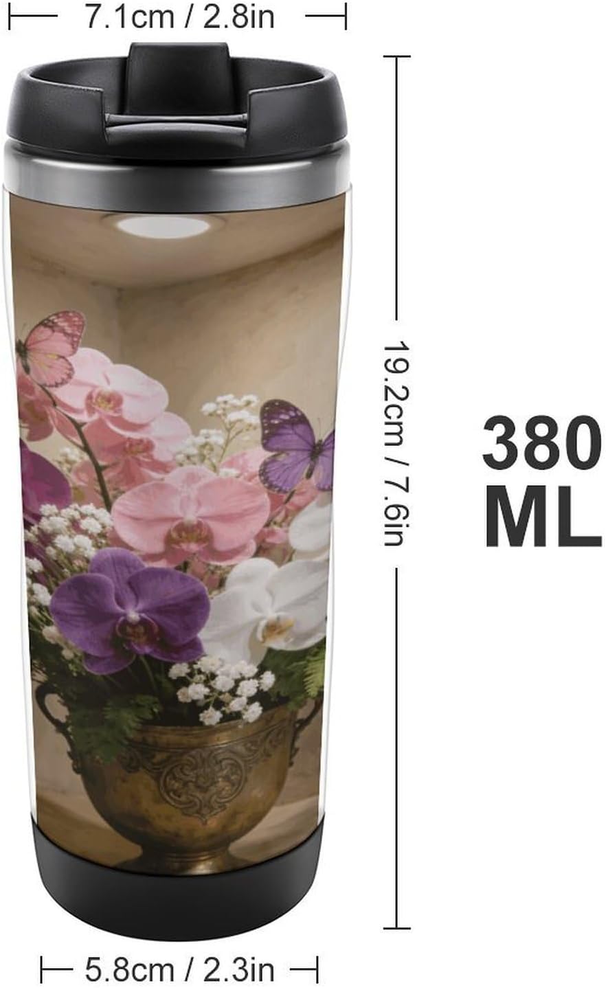 13oz Insulated Travel Coffee Mug Reusable Coffee Cup Water Bottle | Aesthetic Butterfly Orchid Travel Mug with Leak Proof Lid Double Wall Stainless Steel Coffee Tumbler Personalized Gift