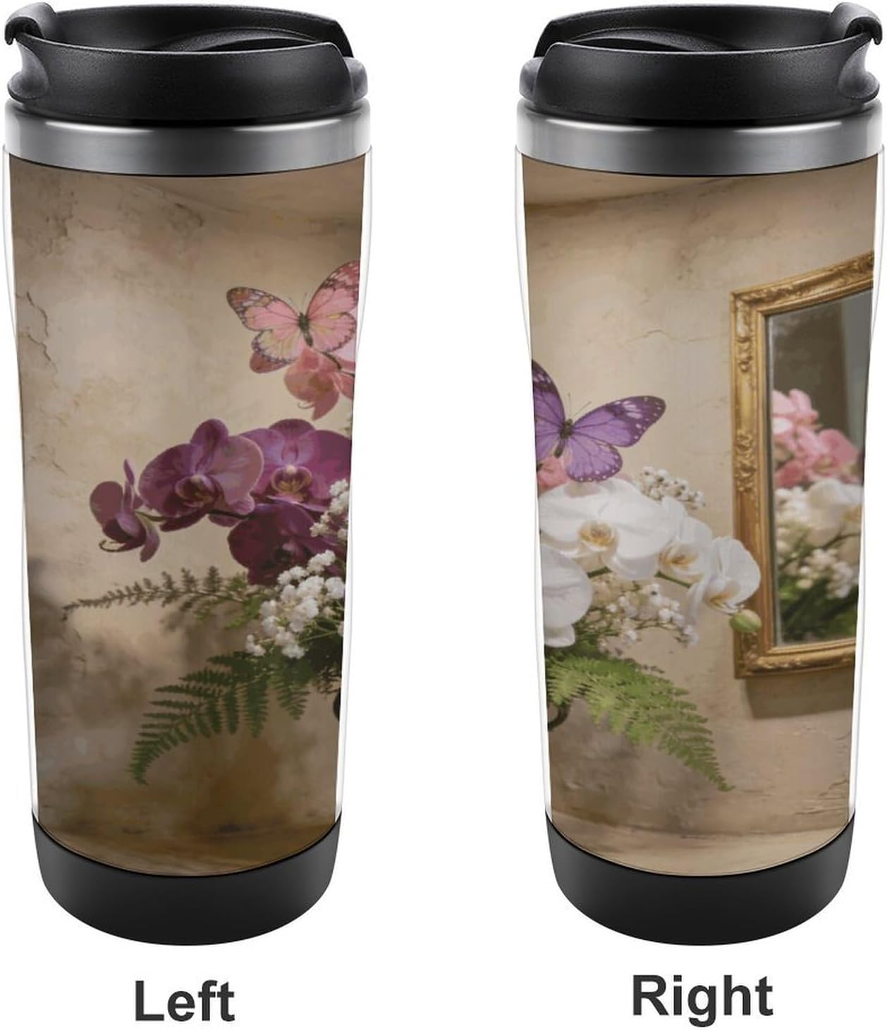 13oz Insulated Travel Coffee Mug Reusable Coffee Cup Water Bottle | Aesthetic Butterfly Orchid Travel Mug with Leak Proof Lid Double Wall Stainless Steel Coffee Tumbler Personalized Gift