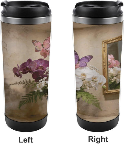 13oz Insulated Travel Coffee Mug Reusable Coffee Cup Water Bottle | Aesthetic Butterfly Orchid Travel Mug with Leak Proof Lid Double Wall Stainless Steel Coffee Tumbler Personalized Gift