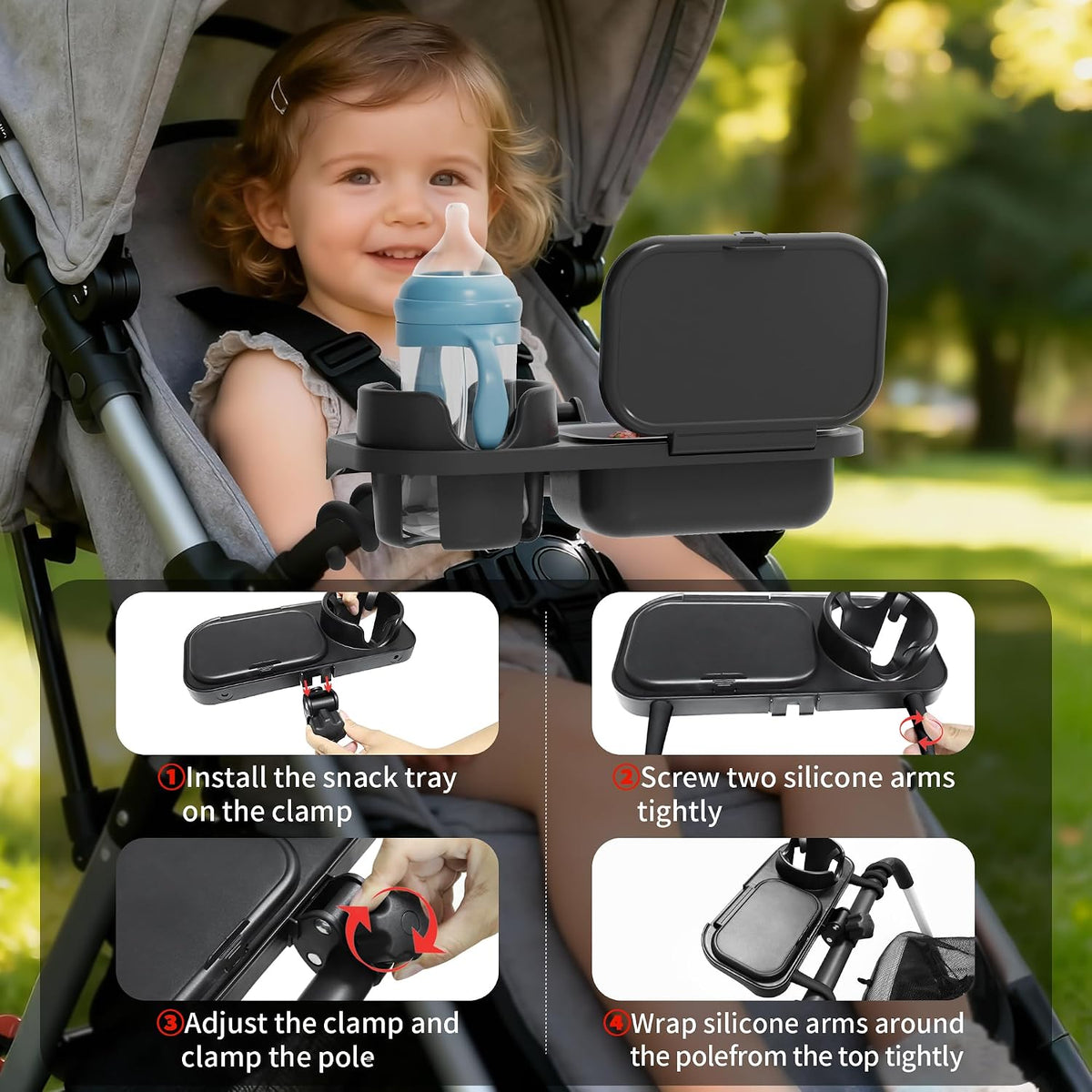 Universal Stroller Snack Tray, Easy Clean Removable Silicone Insert