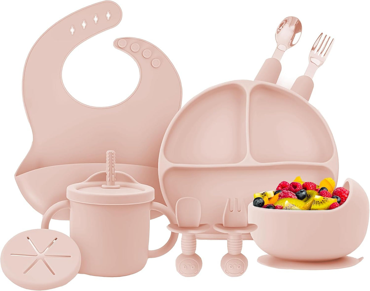 OWS Baby Feeding Set (11 pc) - Certified BPA-Free 100% Food Grade Silicone with Suction Bowl, Divided Plate, Sippy Cup with Straw & 2 Lids, Adjustable Bib, and Weaning Utensils (Light Pink)