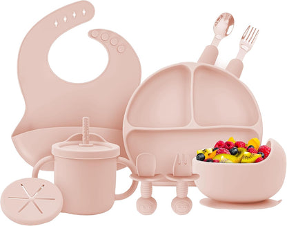 OWS Baby Feeding Set (11 pc) - Certified BPA-Free 100% Food Grade Silicone with Suction Bowl, Divided Plate, Sippy Cup with Straw & 2 Lids, Adjustable Bib, and Weaning Utensils (Light Pink)