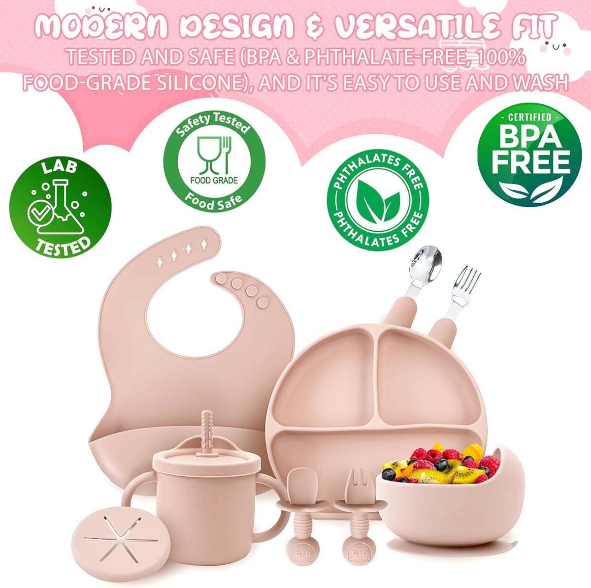 OWS Baby Feeding Set (11 pc) - Certified BPA-Free 100% Food Grade Silicone with Suction Bowl, Divided Plate, Sippy Cup with Straw & 2 Lids, Adjustable Bib, and Weaning Utensils (Light Pink)