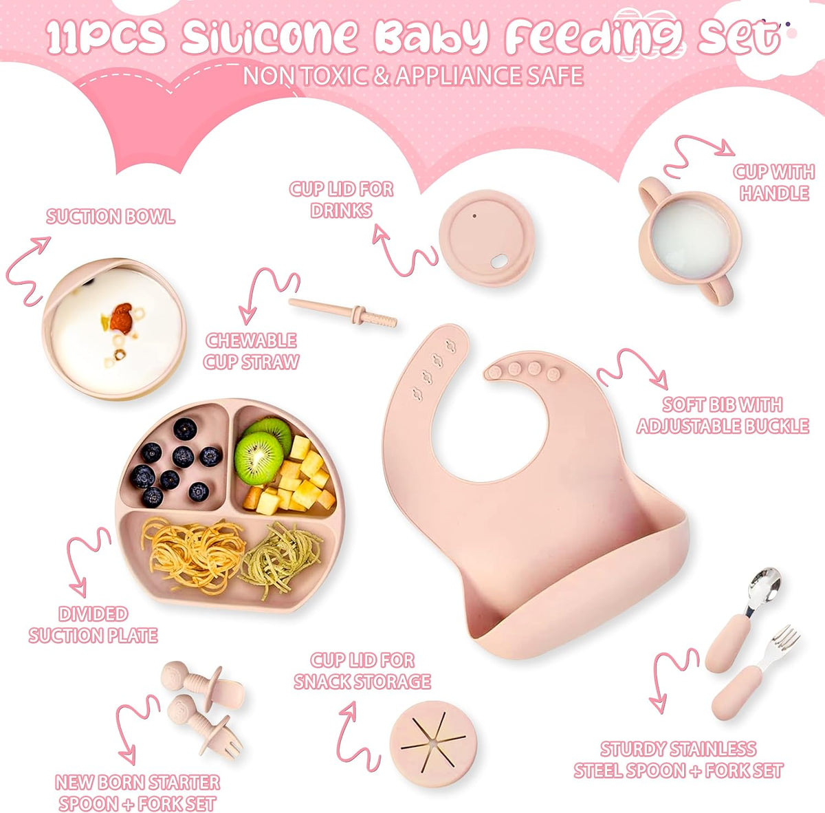 OWS Baby Feeding Set (11 pc) - Certified BPA-Free 100% Food Grade Silicone with Suction Bowl, Divided Plate, Sippy Cup with Straw & 2 Lids, Adjustable Bib, and Weaning Utensils (Light Pink)