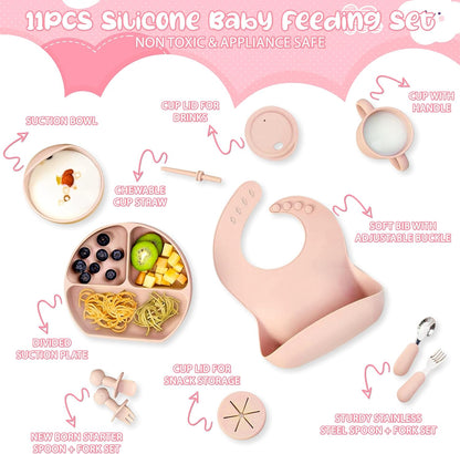 OWS Baby Feeding Set (11 pc) - Certified BPA-Free 100% Food Grade Silicone with Suction Bowl, Divided Plate, Sippy Cup with Straw & 2 Lids, Adjustable Bib, and Weaning Utensils (Light Pink)