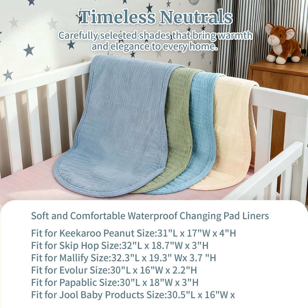 4 Pcs Muslin Changing Pad Liners Fits in Peanut Shape Changing Pad-Blue