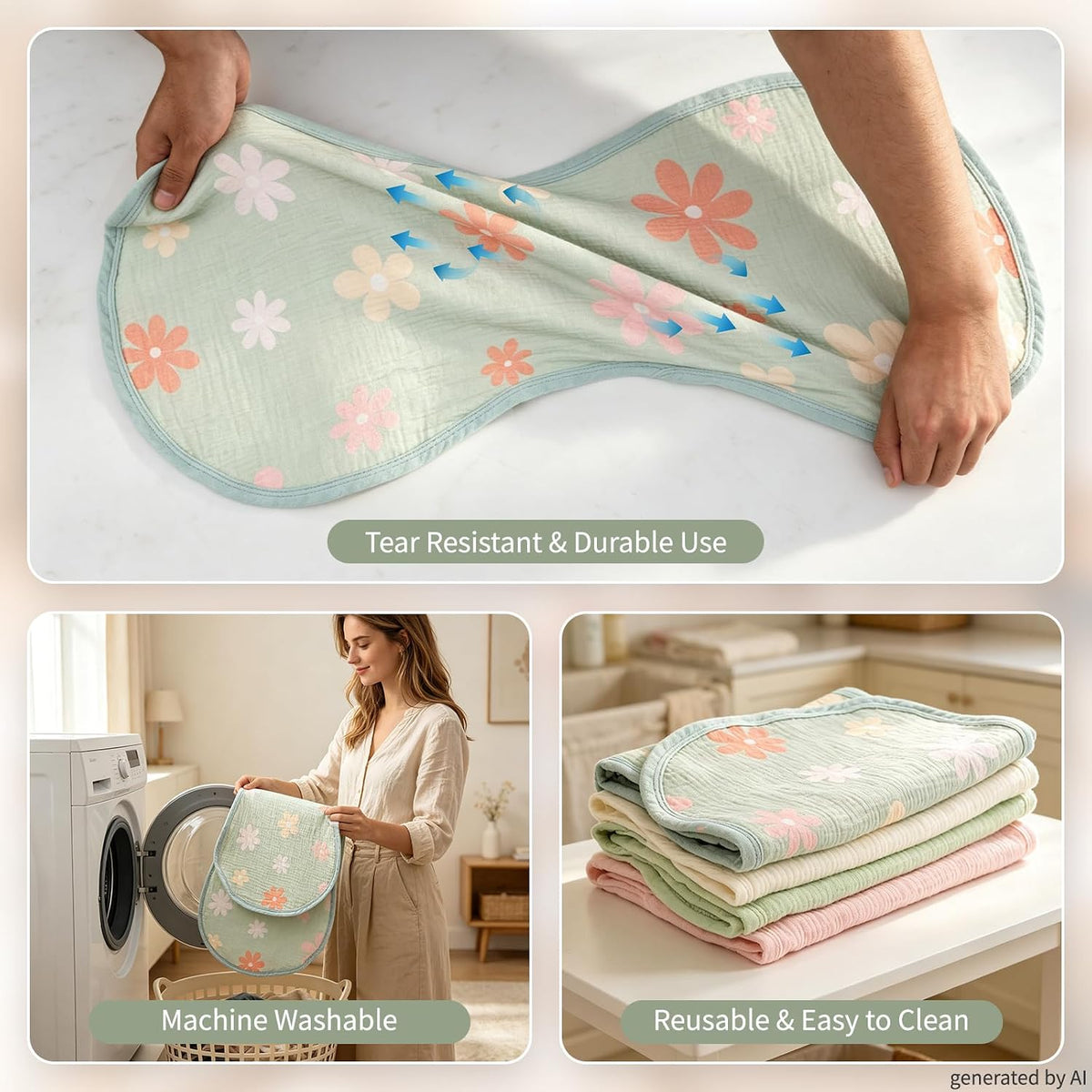 4 Pcs Muslin Changing Pad Liners Fits in Peanut Shape Changing Pad-Blue