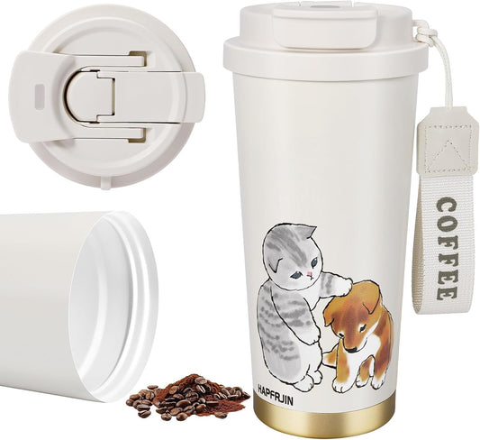 Insulated Tumbler With Lid And Straw, Stainless Steel Cat Coffee Tumbler 16 Oz, Travel Ceramic Lined Coffee Tumbler, Double Wall Vacuum Leak Proof Mug For Office School Party Camping (Glass Cat)