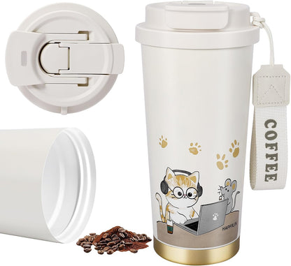 Insulated Tumbler With Lid And Straw, Stainless Steel Cat Coffee Tumbler 16 Oz, Travel Ceramic Lined Coffee Tumbler, Double Wall Vacuum Leak Proof Mug For Office School Party Camping (Glass Cat)