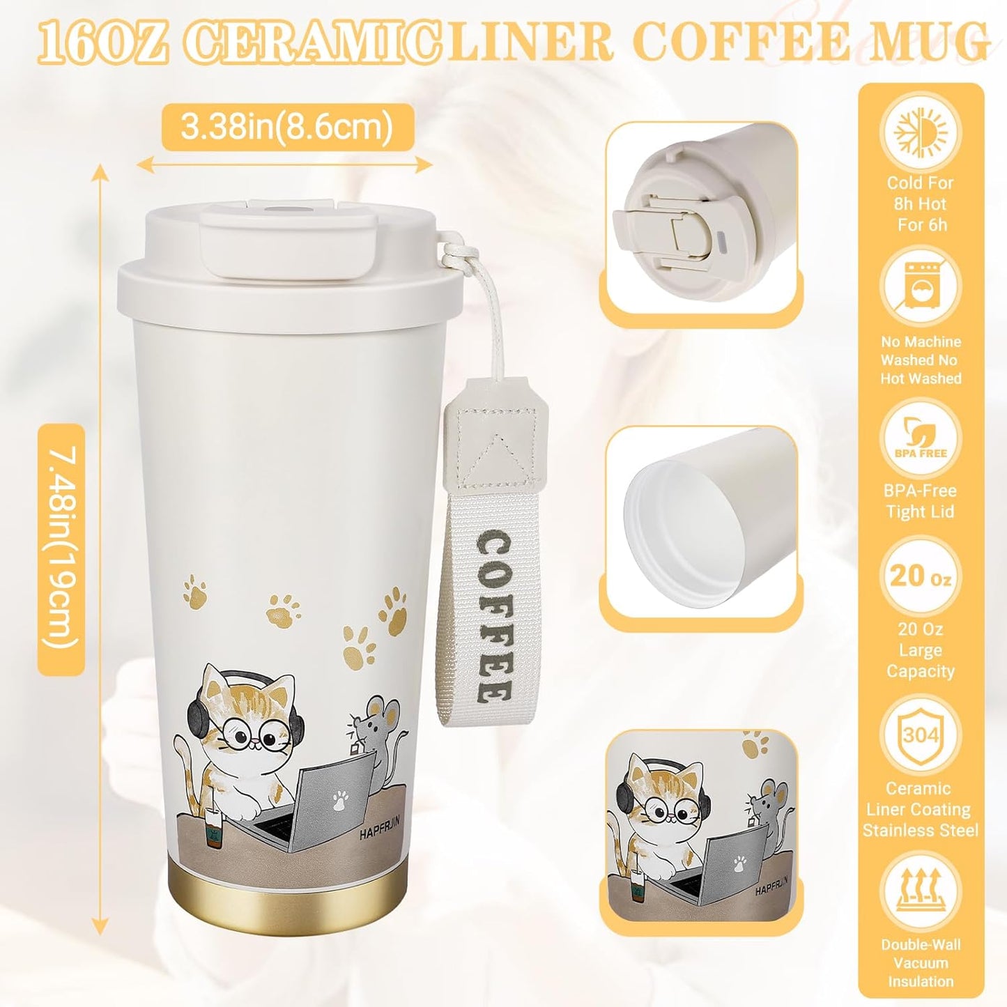 Insulated Tumbler With Lid And Straw, Stainless Steel Cat Coffee Tumbler 16 Oz, Travel Ceramic Lined Coffee Tumbler, Double Wall Vacuum Leak Proof Mug For Office School Party Camping (Glass Cat)